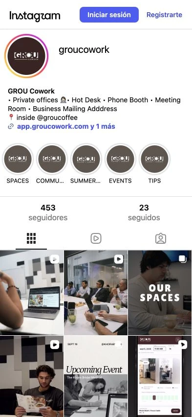 Perfil de Instagram de GROU Cowork con reels de los espacios y un próximo evento