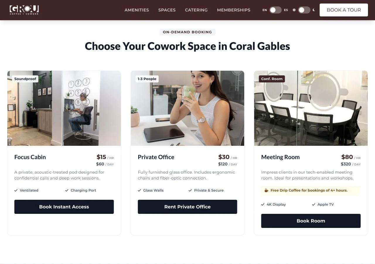 Sitio de GROU Cowork con las tarjetas de cabina individual, oficina privada y sala de reuniones y sus precios por hora
