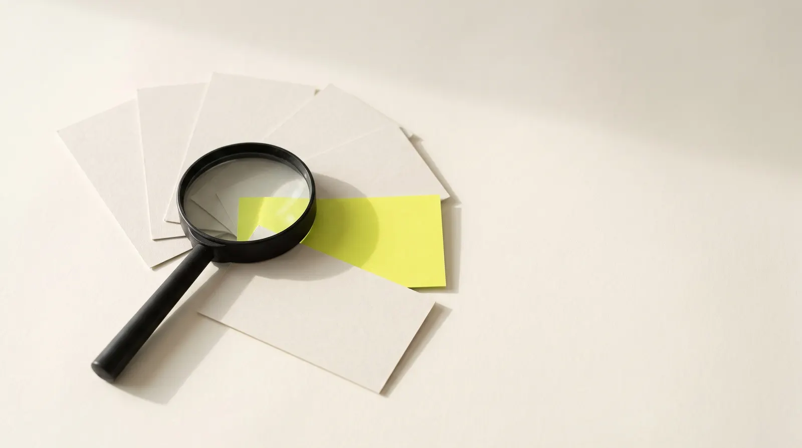 Black magnifying glass over a fan of pale paper cards, with one lime card standing out.
