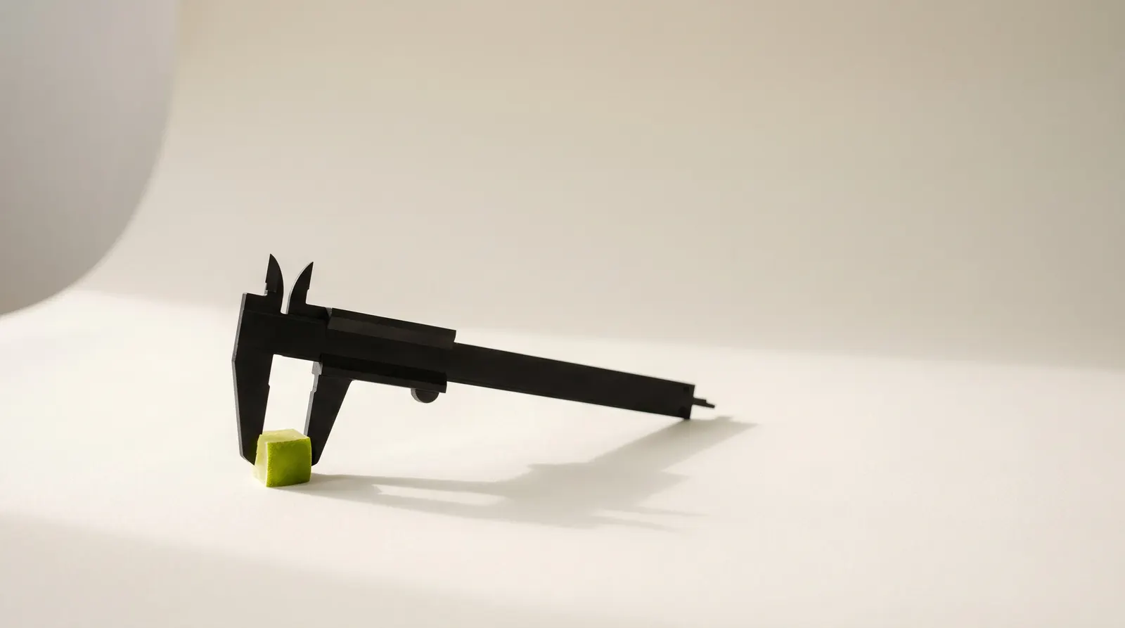 Black caliper measuring a small lime cube on a pale surface.