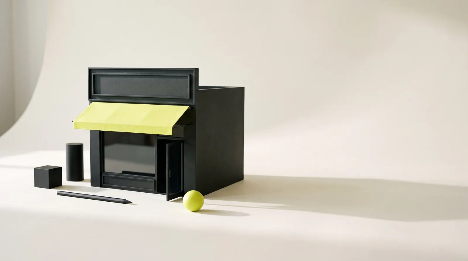 Maqueta de un local comercial negro con un toldo verde lima y la puerta abierta.