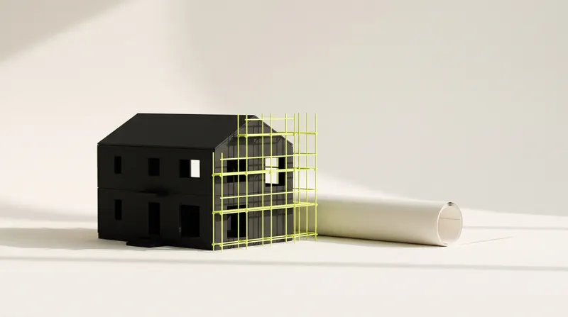 Scale model of a black house, half covered by lime scaffolding, next to a rolled blueprint.