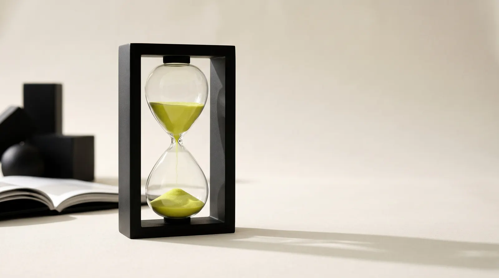 Reloj de arena con marco negro y arena verde lima que cae.