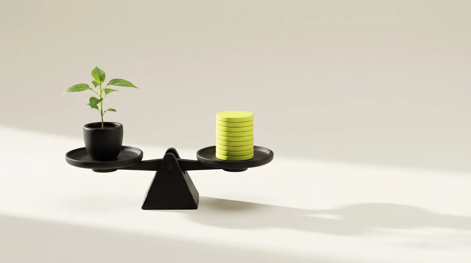 Balanza negra en equilibrio: en un plato crece una planta y en el otro hay una pila de discos verde lima.
