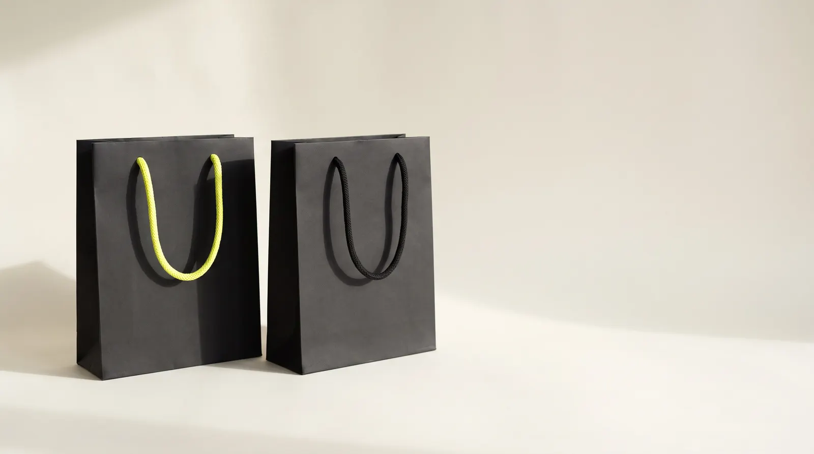Two black paper shopping bags side by side, one with lime handles, like two platforms waiting for a decision.