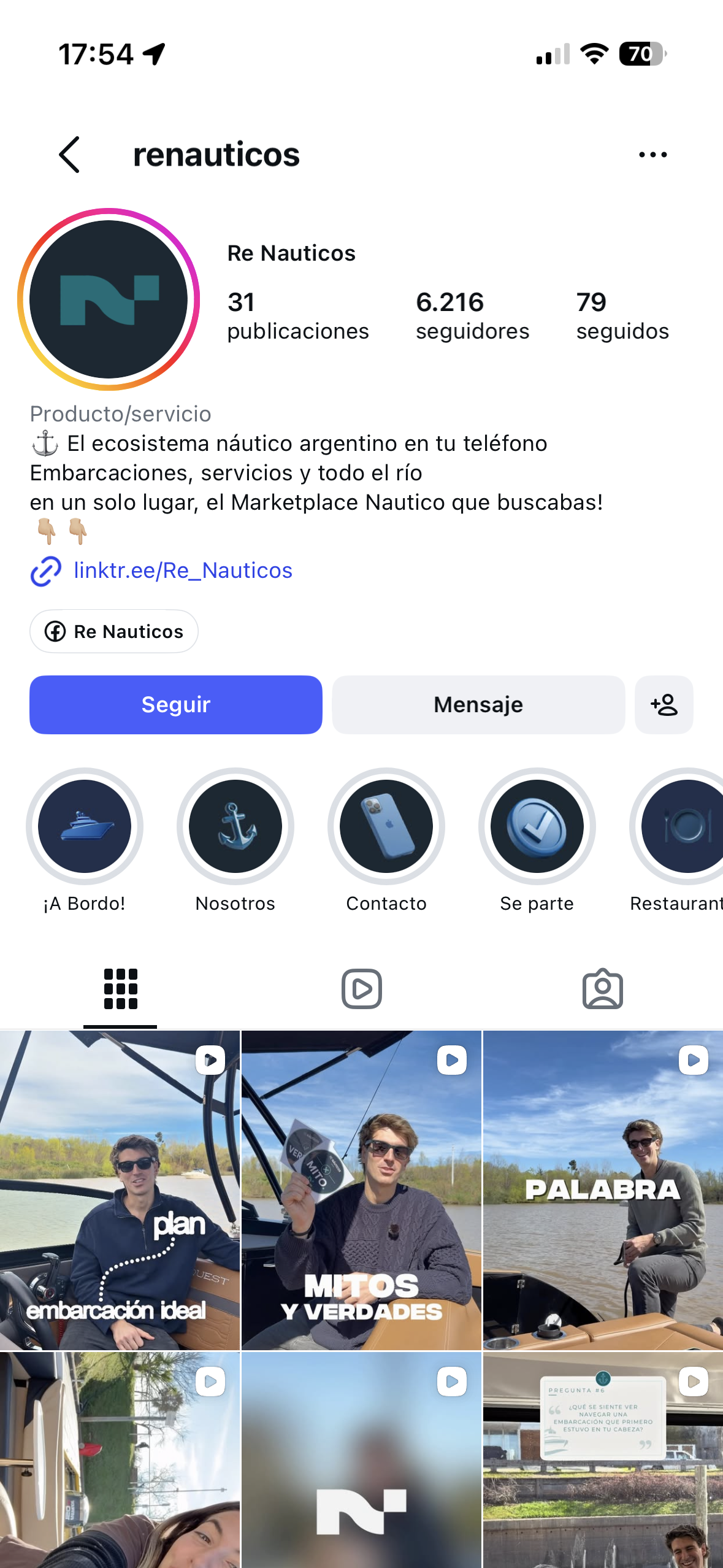 Re Náuticos Instagram profile, with its nautical services, community and latest posts