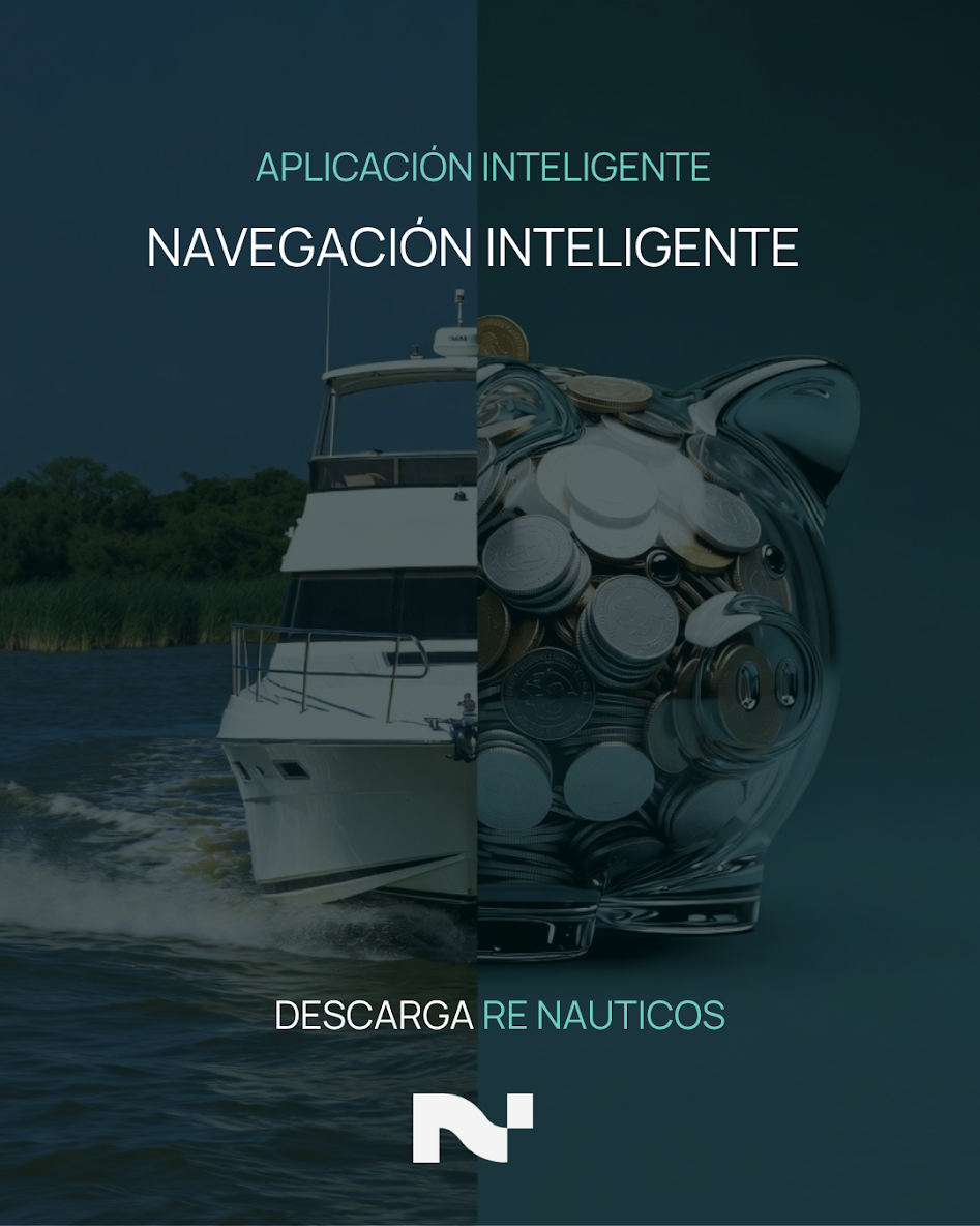 Re Náuticos ad: half motor yacht, half glass piggy bank full of coins, with the text “Navegación inteligente”